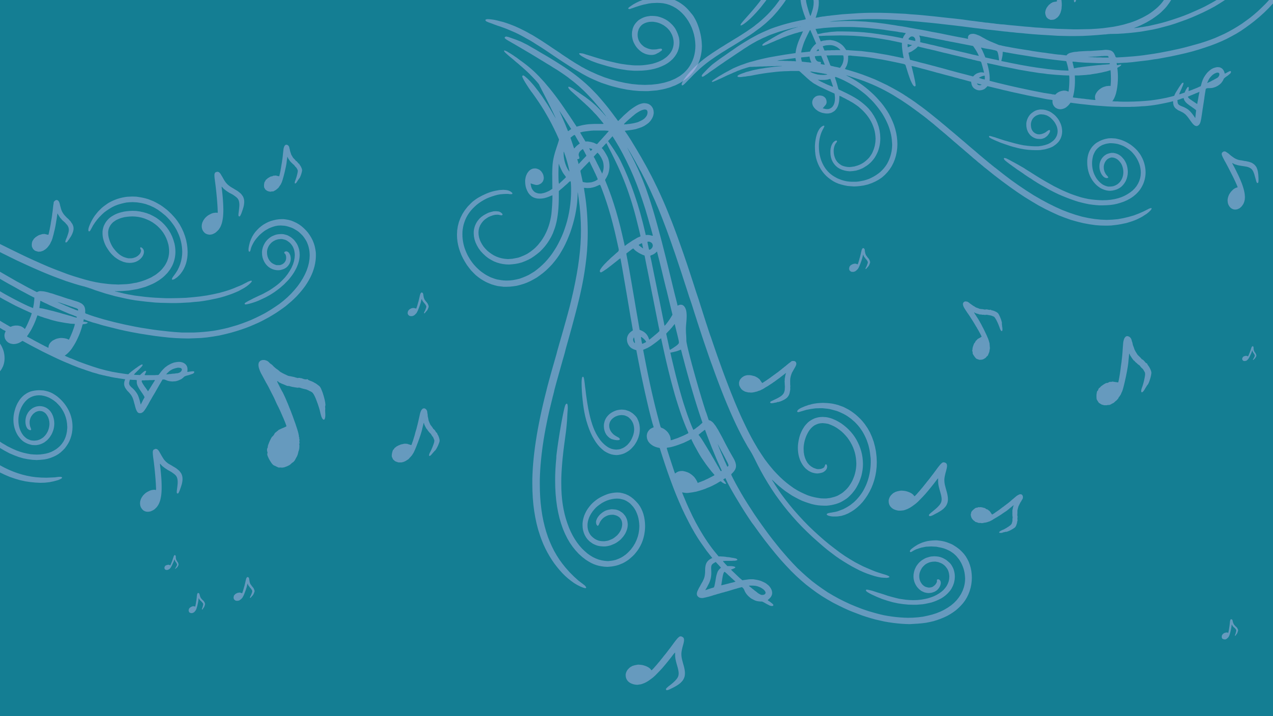 Decorative design of musical notes and treble clefs on a blue background